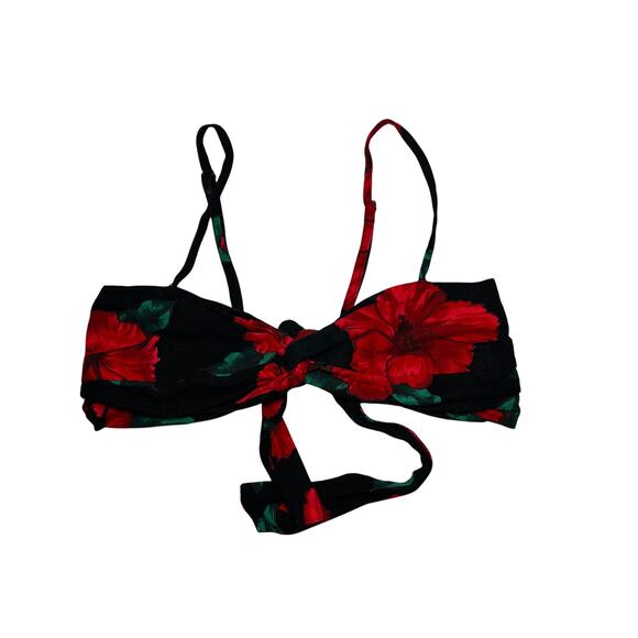 Farm Rio Black & Red Floral Twist Bandeau Halter Crop Top Blouse Small - Picture 1 of 3